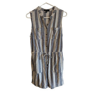 Kelly Renee Romper Women Lrg Gray Wht Striped Button Up Sleeveless Shorts Linen